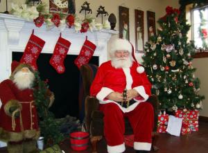 santa claus, christmas, tree, fireplace, gifts, stockings wallpaper thumb