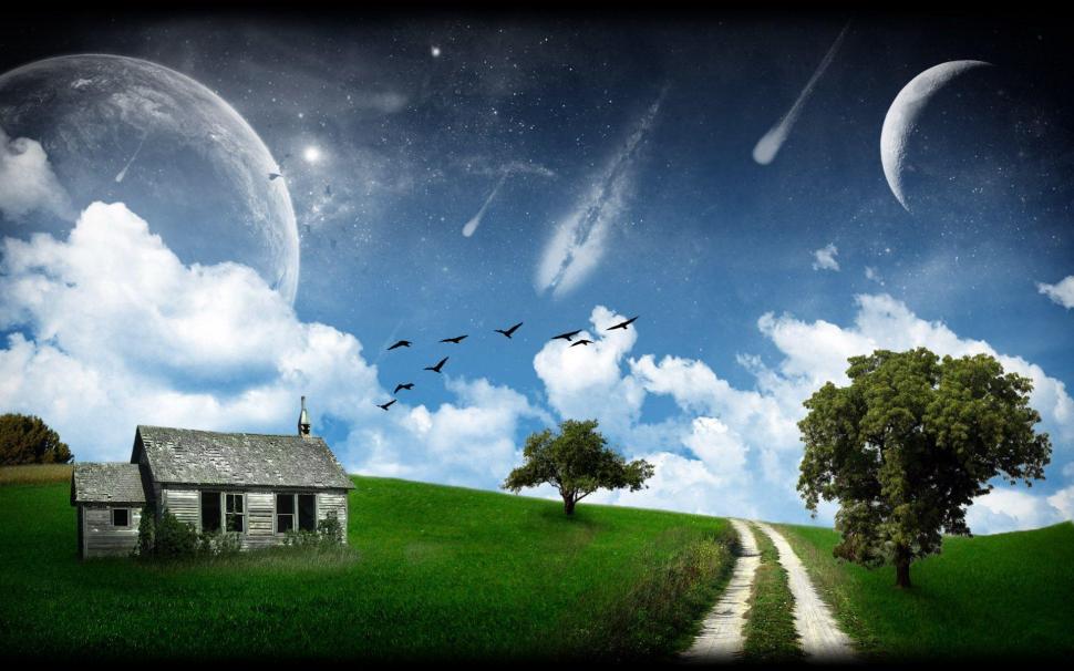 Planets in the sky above the abandoned house wallpaper,digital art HD wallpaper,1920x1200 HD wallpaper,cloud HD wallpaper,bird HD wallpaper,house HD wallpaper,tree HD wallpaper,field HD wallpaper,road HD wallpaper,planet HD wallpaper,1920x1200 wallpaper