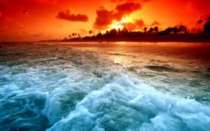 Beach sunset and beach waves wallpaper thumb