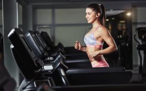 Girl, Gym, Running, Treadmill, Smiling, Sport, Earphones wallpaper thumb