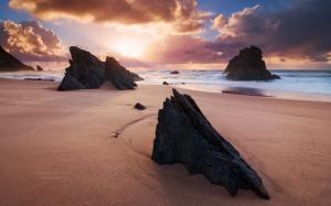 Rocks Stones Sunlight Sunset Clouds Beach Ocean HD wallpaper thumb