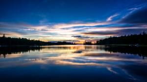 Sunset landscape, trees, river, reflection, sky wallpaper thumb