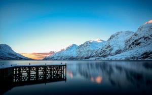 Winter landscape, mountains, snow, lake, pier wallpaper thumb
