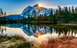 USA, Washington, Mount Baker volcano, lake, reflection, morning, sunrise, forest wallpaper thumb
