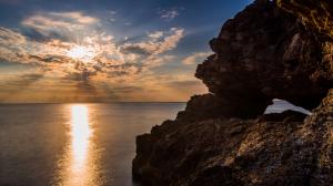 Rock Stone Sunset Sunlight Ocean HD wallpaper thumb