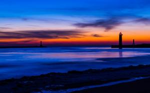 USA, Michigan, sea, beach, lighthouse, night, blue and orange sky, sunset, clouds wallpaper thumb