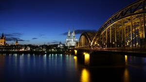 Germany, Cologne, evening, river Rhine, bridge, lights, buildings wallpaper thumb