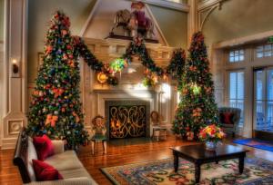 christmas trees, holiday, decorations, fireplace, home, comfort, interior wallpaper thumb