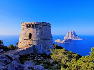 Ibiza, Balearic Islands, Spain, rock, tower, fortress, sea, blue sky wallpaper thumb