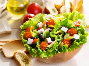 salad, greek, vegetables, cucumbers, peppers, tomatoes, leaves, olives, cheese, food, plate, bread, loaf, butter wallpaper thumb