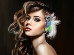 Art fantasy girl, beautiful face, makeup, hair, feathers, jewelry wallpaper thumb