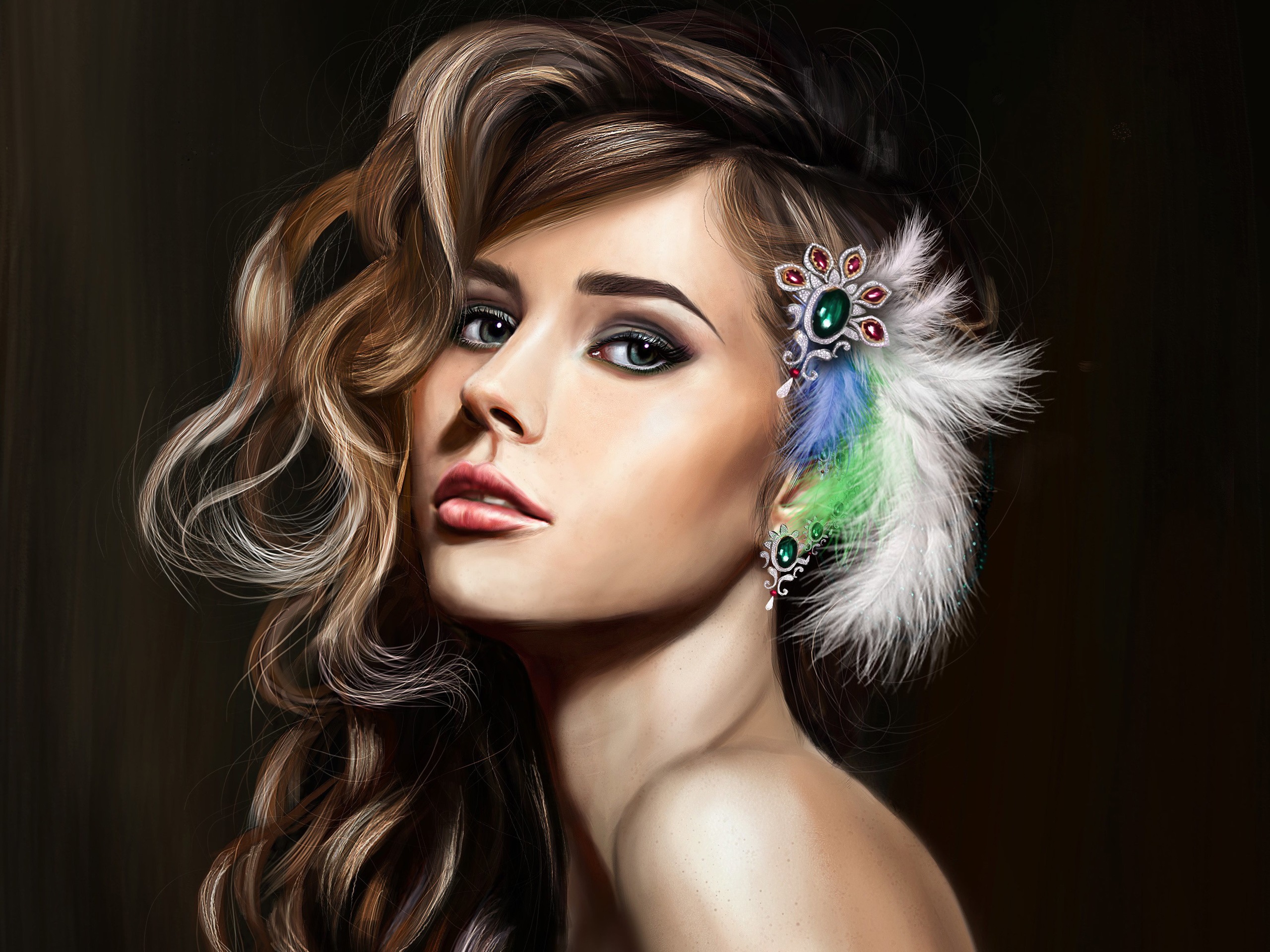  Art  fantasy girl beautiful face makeup hair feathers 