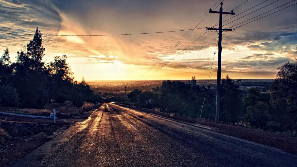 Rural Road Down To A Sunset wallpaper,clouds HD wallpaper,sundown HD wallpaper,electric lines HD wallpaper,road HD wallpaper,nature & landscapes HD wallpaper,1920x1080 wallpaper