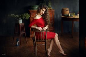 barefoot chair curly hair Dmitry Arhar women red dress portrait sitting wallpaper thumb