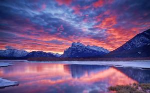 Winter, snow, lake, sky, clouds, sunset, glow, mountain wallpaper thumb