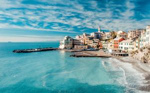 Italy, Cinque Terre, sea, shore, coast, pier, houses, sky, clouds wallpaper thumb