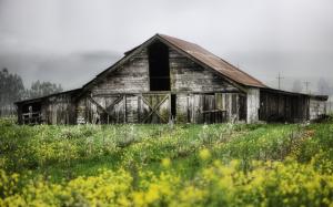 Spring landscape of farms, abandoned wooden house wallpaper thumb