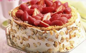 Cake Strawberries Cream Almonds Dessert wallpaper thumb