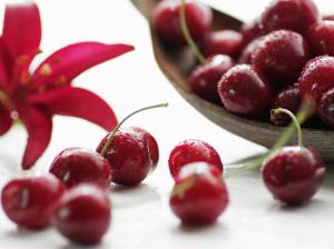 Fruit macro photography, red cherries, water drops wallpaper thumb