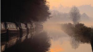 Trees Water Boats Reflection Fog Mist HD wallpaper thumb