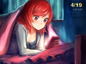 Red hair anime girl use phone wallpaper thumb