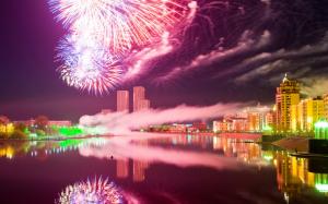 Astana, city night, Kazakhstan, fireworks, river, buildings wallpaper thumb