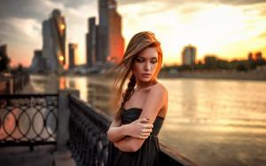 Woman, Sunset, City, River, Bare Shoulders wallpaper thumb