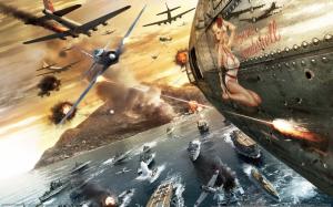 WWII Airplane Plane Ships Battle Smoke Battlestations HD wallpaper thumb
