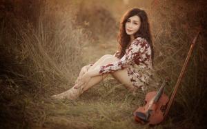 Asian girl, pose, look, violin, music wallpaper thumb