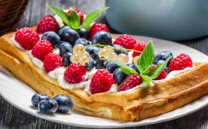 Waffles, fruits, food, cream, dessert, red raspberries, blueberries wallpaper thumb