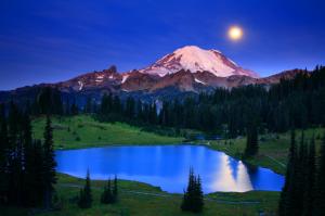 Washington Lake Mountains Landscape Moon Moonlight Night Reflection wide wallpaper thumb