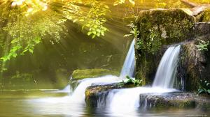 Sunlight Waterfall Tropical Forest Jungle Rocks Stones Timelapse HD wallpaper thumb