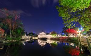 Disneyland Disney Night Boat Lights Lake Reflection Trees Stars HD wallpaper thumb