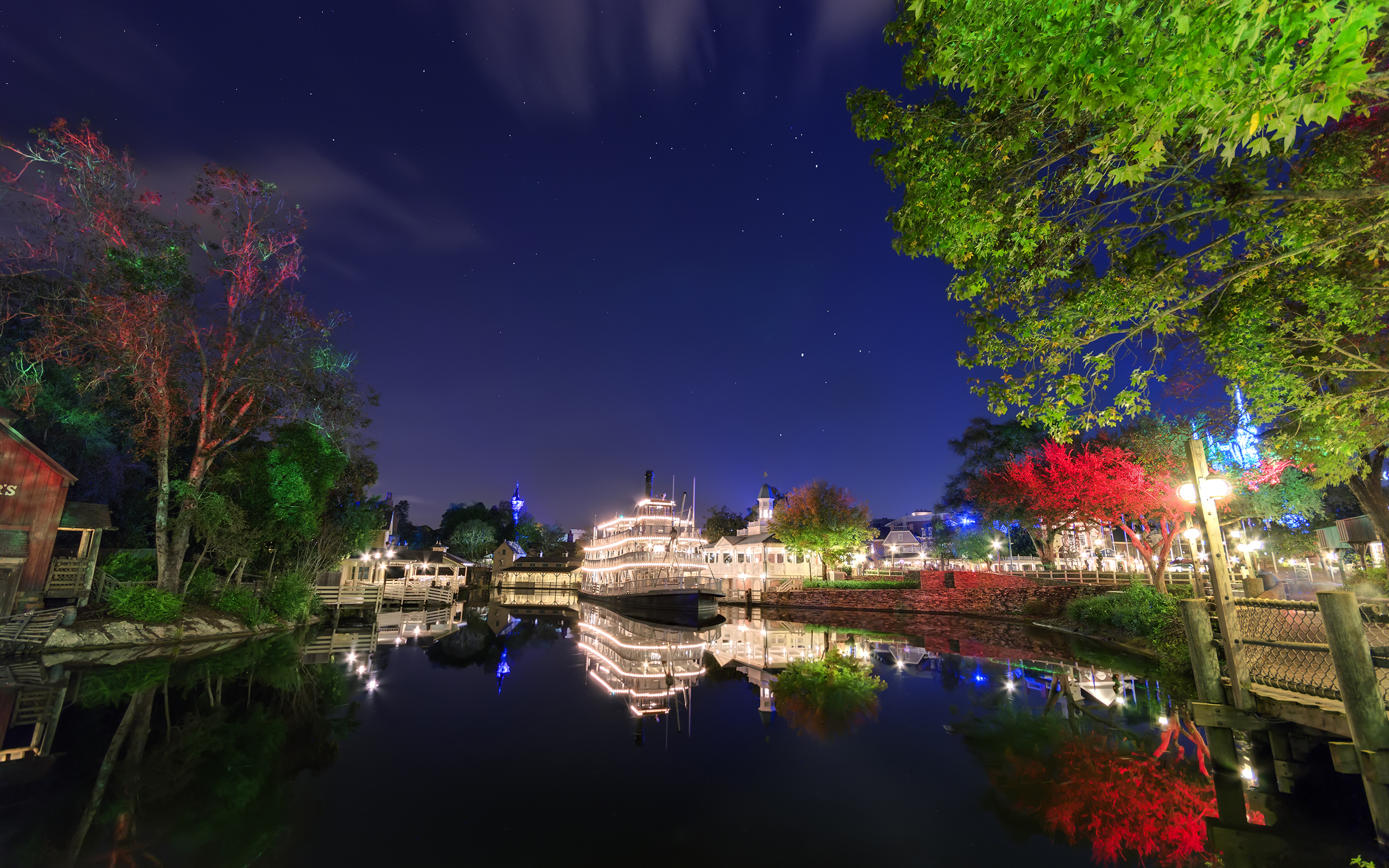 Disneyland Disney Night Boat Lights Lake Reflection Trees Stars Hd