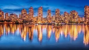 Vancouver, Canada, night city, lights, buildings, yachts, water reflection wallpaper thumb