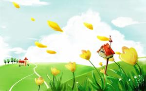 Art, Small House, Yellow Flower, Clouds, Blue Sky, Road, Green Grass, Lovely wallpaper thumb