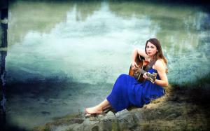 Guitar girl, blue dress, music, pond wallpaper thumb
