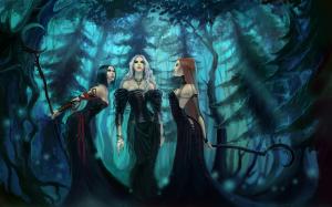 Three black skirt fantasy girl in the forest wallpaper thumb
