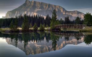 Mountain Lake Reflection Bridge Trees HD wallpaper thumb