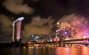Fireworks Night Buildings Singapore Skyscrapers HD wallpaper thumb