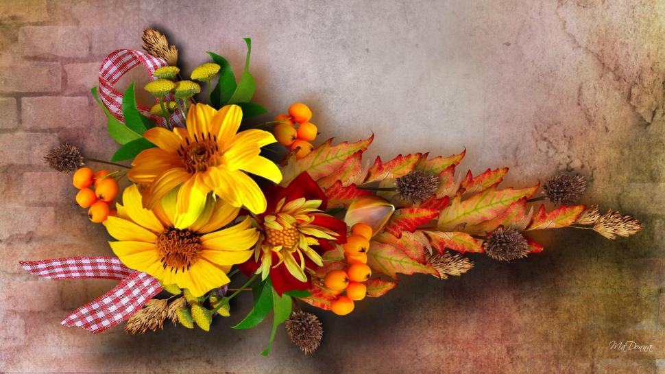 Fall Bouquet For You wallpaper,bows HD wallpaper,vintage HD wallpaper,ribbons HD wallpaper,fall HD wallpaper,thistles HD wallpaper,leaves HD wallpaper,fleurs HD wallpaper,swag HD wallpaper,flowers HD wallpaper,bouquet HD wallpaper,seed pods HD wallpaper,sunflower HD wallpaper,1920x1080 wallpaper