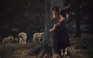 Woman, Hiding, Tree, Forest, Wolves, Dark, Nature wallpaper thumb