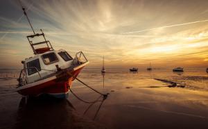 Sea, boat, low tide, sunset, coast wallpaper thumb
