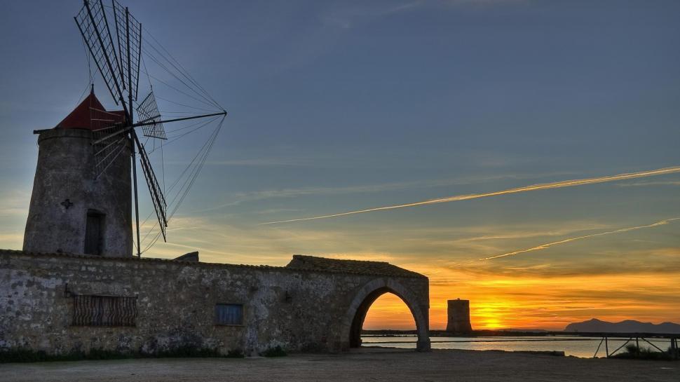 Windmill In Paceco Sicily Italy wallpaper,beach HD wallpaper,windmill HD wallpaper,harbor HD wallpaper,sunset HD wallpaper,nature & landscapes HD wallpaper,1920x1080 wallpaper