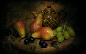 Still life, pears, cherries, grapes, tea wallpaper thumb