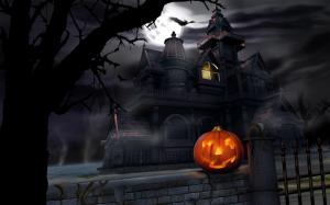 halloween, pumpkin, lantern, house, darkness, gloom wallpaper thumb