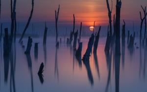 Nature, Landscape, Mist, Sunset, Lake, Calm wallpaper thumb
