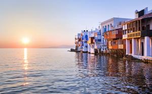 Sunset reflected over sea, Little Venice, Mykonos, Greece, house wallpaper thumb