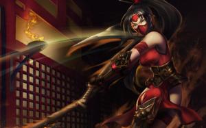 League Of Legends, Girl, Sword, Long Hair, Red Clothes, Mask wallpaper thumb