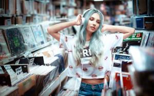 Blue hair girl, headphones, music wallpaper thumb